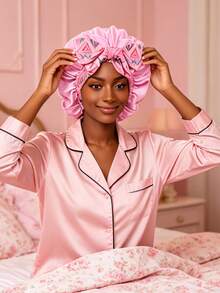 CONFLASS 1pc Women's Pink Printed Satin Sleep Bonnet With Long Ties, Butterfly & Floral Print, Elastic Wide Band Hair Wrap, Suitable For Sleep And Styling, Anti-Frizz, Fits Long Braids And Dreadlocks - Multicolor - View 10