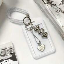 1pc Card Holder With Keychain - Cute And Practical Plastic Design, Suitable For Storing ID Cards, Credit Cards And Keys - Black And White Heart Pendant, Durable And Fashionable Women's Accessory - Heart-shaped Pendant + Spring + Card Holder - View 5