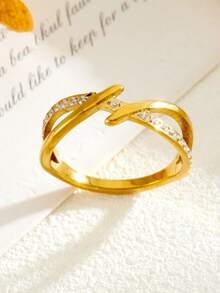 1pc Stainless Steel Niche Design Geometric Rhinestone Inlaid Water Drop Hollow Versatile Fashion Claw Set Index Finger Ring For Women - Yellow Gold - View 10