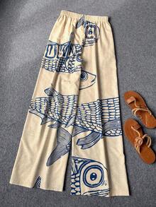Women's Spring/Summer Casual Comfortable Pocket Bohemian Vacation Set, English Letter Multi-Style Ugly Fish Contrast Color Latin Fish Print Long Pants - Apricot - View 11