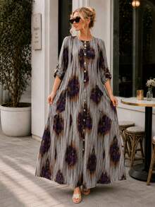 Plus Size Printed Maxi Dress for Women Long Sleeve Button Down Bohemian Casual Dress with Pockets - 紫色 - 查看 2