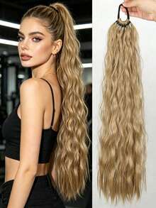 24 Inch Curly Ponytail Wig, Wavy Design, With Elastic Hair Tie, Suitable For Women's Daily Wear And Special Occasions - Gold - View 1