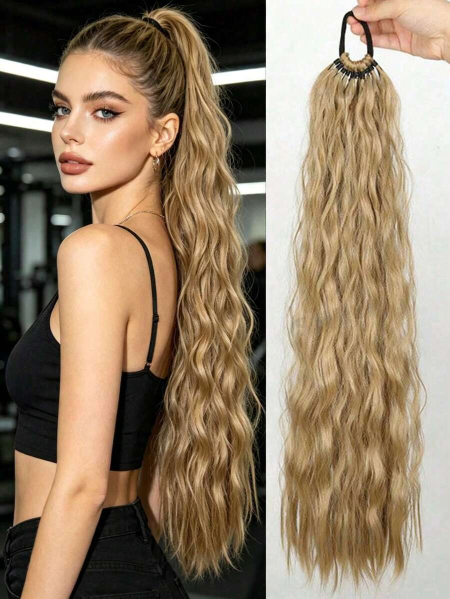 24 Inch Curly Ponytail Wig, Wavy Design, With Elastic Hair Tie, Suitable For Women's Daily Wear And Special Occasions - Gold - View 1