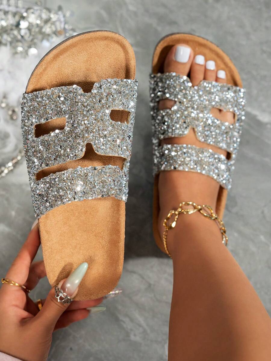Pantuflas de plataforma de corcho con strass y punta abierta para mujer