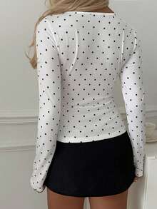 Sunny Girly Fall Y2K White Polka Dot V Neck Tie Waist Long Sleeve Tee, Slim Daily Top Perfect For Back To School Casual - White - View 11