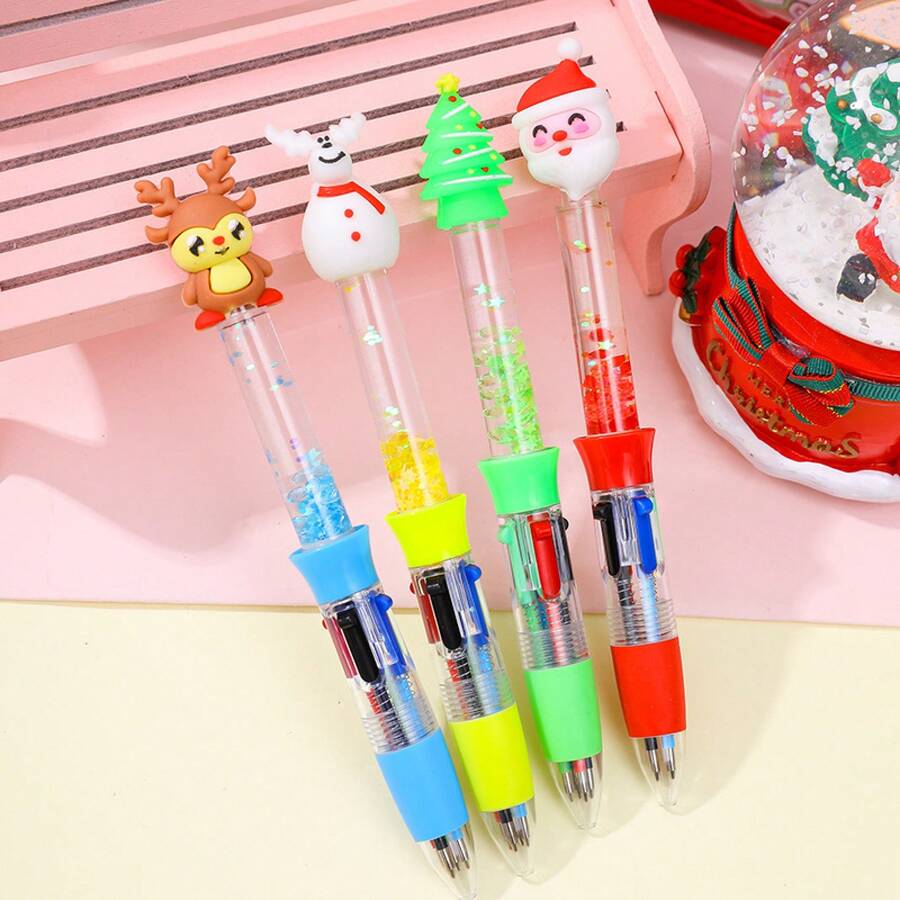 6pcs Cute Christmas Mini Liquid Glitter 4 Color Retractable Ballpoint Pen Cute Reindeer Santa Design 4 In 1 Multicolor Smooth Writing For Teens Gift Reward Back To School Supplies School Prize Student Journaling Stationery - B款聖誕流沙四色筆 - 查看 1