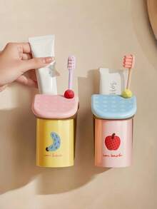 1pc Magnetic Toothbrush Holder & Cup Set, Magnetic Toothbrush Holder, Wall-Mounted Toothbrush & Toothpaste Storage Rack, Easy Installation, Cute Design, Inverted Cup Drainage, Dry And Non-Humid, 3-In-1 Toothbrush, Toothpaste And Cup Storage, Bathroom & Home Organization - Multicolor - View 5