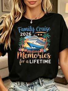 Women's Plus Size Vintage Short-Sleeved T-Shirt With Printed Design And Text, For Family Cruises, Summer, 220g - 黑色 - 查看 1
