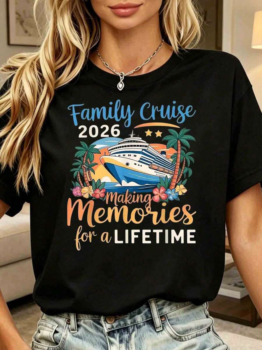 Women's Plus Size Vintage Short-Sleeved T-Shirt With Printed Design And Text, For Family Cruises, Summer, 220g - 黑色 - 查看 1