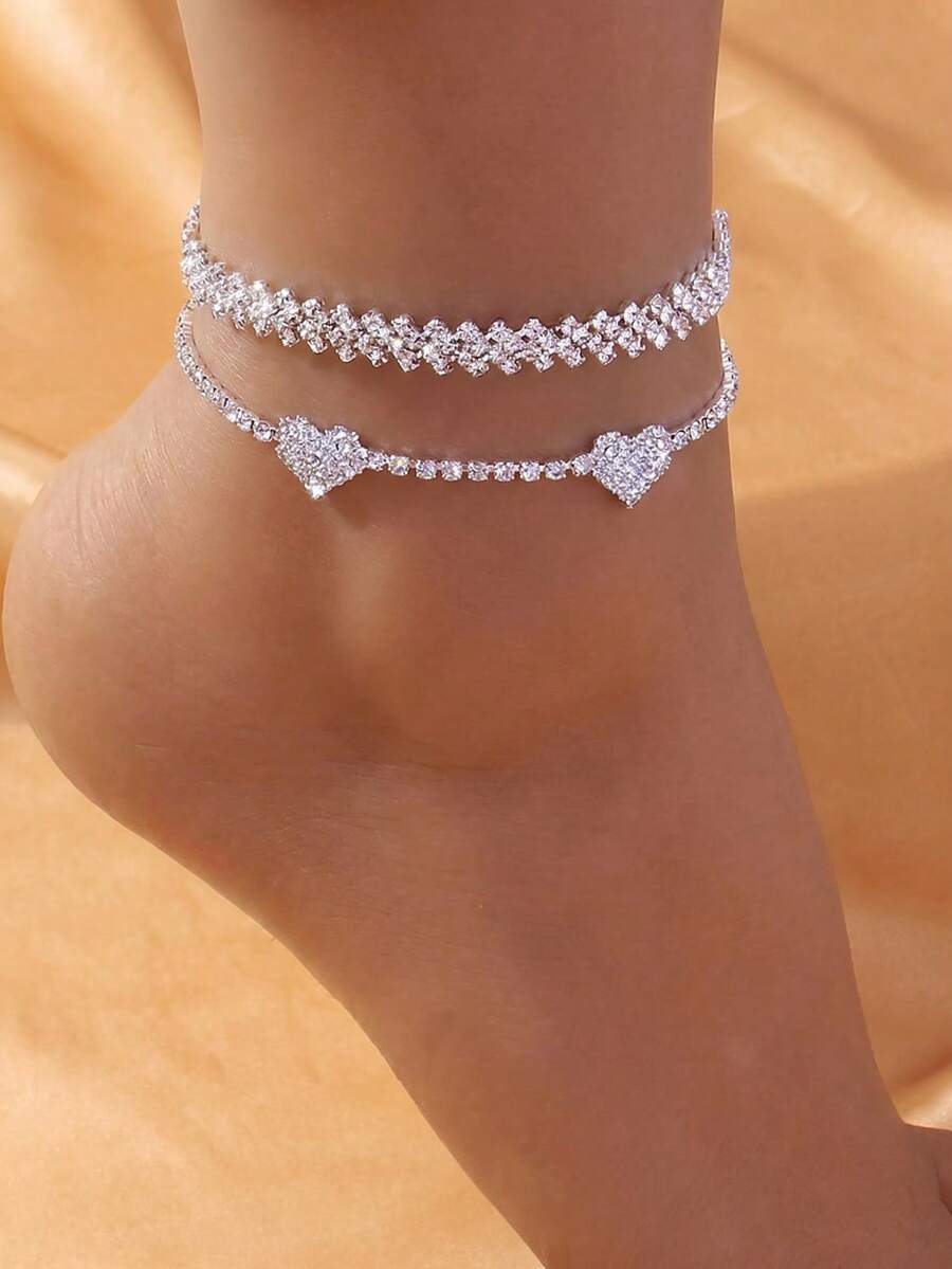 2 piezas Tobilleras de doble corazón con diamantes de imitación, tobilleras totalmente brillantes con diamantes de imitación, accesorios de joyería para los pies - Plateado - Ver 1