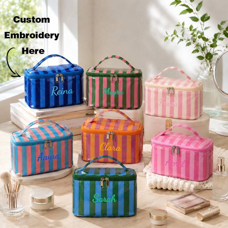 Personalized Striped Makeup Bag, Large Capacity Cosmetic Storage Bag, Portable Travel Toiletry Bag, Zipper Storage Bag, Suitable For Daily Use - Multicolor - View 1