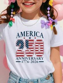 Girls' 4th Of July Outfit, Cute 4th Of July T-Shirt, Matching Family Set, 100% Cotton Patriotic Crew Neck T-Shirt For Young Women, Vintage Family T-Shirt - 白色 - 查看 1