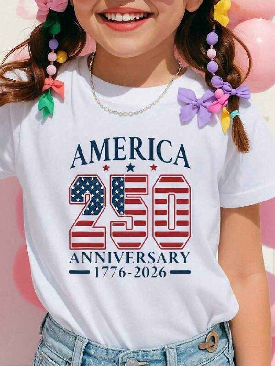 Girls' 4th Of July Outfit, Cute 4th Of July T-Shirt, Matching Family Set, 100% Cotton Patriotic Crew Neck T-Shirt For Young Women, Vintage Family T-Shirt - 白色 - 查看 1