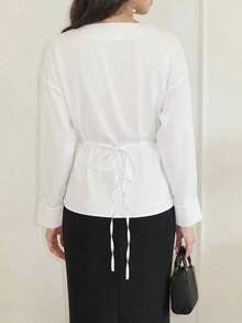 Women's Elegant Commuter Color Block Lace Patchwork Round Neck Long Sleeve Asymmetric Blouse. Solid Woven Fabric With Buttons White - White - View 2