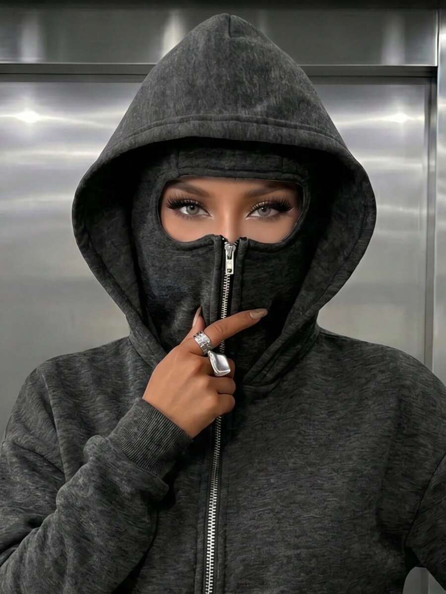 Moletom feminino folgado com bolso com zíper e máscara facial inclusa, ideal para outono/inverno, Halloween, Natal e outras ocasiões. Versátil e estiloso, este moletom com capuz é perfeito para férias casuais.