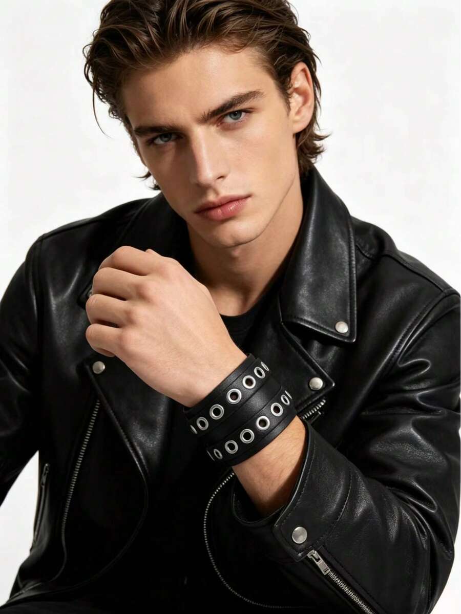 1pc Men's Double Row Metal Round Rivet Bracelet, Fashion Sports Punk Style Hand Accessory, Exquisite Father's Day Gift - Black - View 1