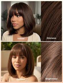 MEGALOOK Wig Bob Lurus T-Part 6x6 dengan Poni, Cokelat Tua, Tanpa Lem, 100% Rambut Manusia, Belahan Dalam 6 Inci, Sudah Dipetik, Simpul yang Dibleaching, Wig Bob Lurus dengan Lace Front untuk Wanita - S4 - View 8