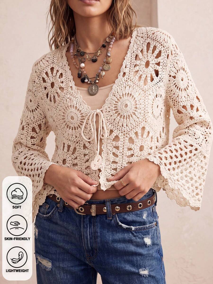 Women's Summer Bohemian Crochet Cover Up, Handmade Hollow Knit Cover-Up, Flare Sleeve & Front Tie | Festival Outfit, Beach Vacation Layering - Apricot - View 1