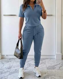 ChicMe Set sportivo da donna 2 pezzi, top a maniche corte con cerniera e pantaloni jogger a vita alta, abbigliamento casual da casa, con tasche, streetwear quotidiano - blu polveroso - Visualizzare 7