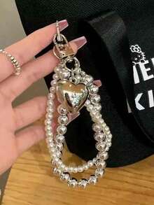 1pc Silver & Pearl White Minimalist Pearl Double Chain Heart Short Phone Lanyard, Niche Versatile Anti-Loss Phone Strap, Compatible With Phone Charms And Bluetooth Protective Case - Multicolor - View 3