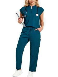cimmuovere Plus Size Stand Collar Sleeveless Loose Top And Practical Multi-Pocket Pants Suit, Scrubs Set For Healthcare Workers Spring - Dark Green - View 3