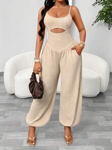 Aliling Women's Fashion Casual Solid Color Hollow Waist Camisole Harem Jumpsuit, Tie-Back Design, Elastic Textured Fabric, Suitable For All Daily Occasions - Apricot - View 7