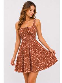 Women's Short Floral Dress With Wide Straps, Fitted Waist, Lightweight, Casual - 棕色磁磚 - 查看 6