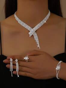 Juego de joyería para mujer con collar, pendientes, pulsera y anillo, patrón geométrico, elegante, set de 4 piezas, temporada de bodas - Plateado - Ver 2