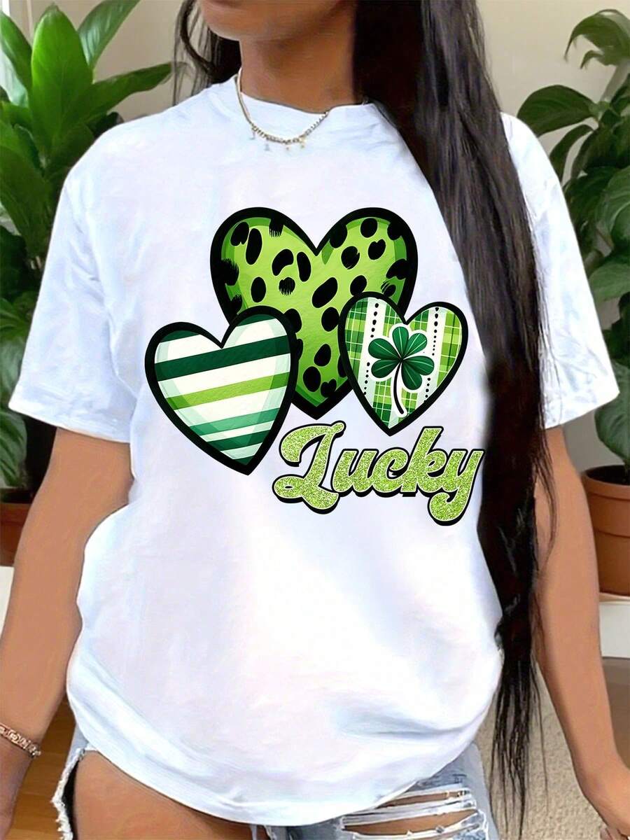 Vintage Women's T-Shirt With Green Heart Design And Lucky Text For St. Patrick's Day Celebrations - Summer Tops - 白色 - 查看 1