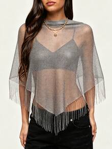 Women Belly Dance KnittingTassel Hip Scarf Triangle Belt Wrap Skirts Music Festival Sheer Mesh Waist Chain - 灰色 - 查看 2