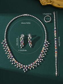 4pcs/Set Elegant Luxury Zirconia Inlaid Colorful Design Necklace, Earrings, Bracelet, Open Ring Jewelry Set. Women's Daily, Banquet, Wedding Jewelry. Valentine's Day Gift Light Luxury High-End Necklace Set - Colorful - View 3