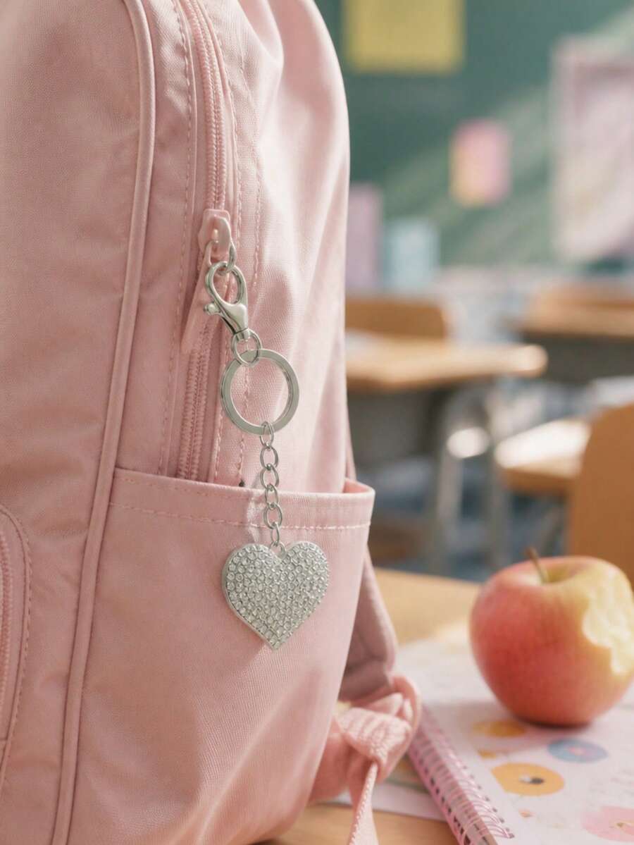 1 st silverfärgad glänsande hjärtformad nyckelring med strass, söt ryggsäckscharm, back to school-present, gnistrande present till henne - Silver - Visa 1
