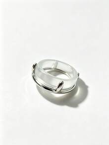1pc Vintage Minimalist Natural Translucent White Agate Faux Chalcedony Ring, Unique Double-Layer Design, High-End Index Finger Ring, Elegant Versatile Couple Jewelry - Silver - View 7