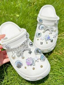 20pcs Silver Ocean Series Shoe Charms, Shell, Starfish, Bow DIY Accessories, Charm Set For Perforated Slippers - Silver Seashell - View 8