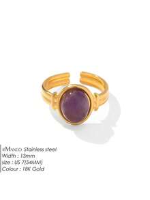 RAYQUEEN 1pc Stainless Steel Oval Stone Design Fashionable Personalized Open Ring Jewelry For Women, Suitable For Daily Wear - Ring - View 7