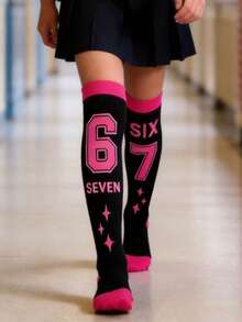 1/2雙 67號兒童女童過膝襪，Six Seven 6 7 高筒襪，67 Six Seven 情人節禮物，趣味女孩風星星襪 - 彩色 - 查看 4
