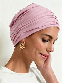 1pc Solid Color Women's Classic 2in1 Integrated Instant Turban Headscarf Cap, High Elasticity Full Pleated Hat & Anti-Slip Button Headband, Multi-Layer Pleated Design To Shape Head, Premium Knit Jersey Fabric, Sweat-Absorbent And Breathable, Suitable For Muslim Daily Life, Travel And Gatherings - Leather Pink - View 3