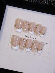 10pcs Nude White French Tip Handmade Press On Nails Luxury Gold Trim & Pearl Rhinestone Decor Coffin Short False Nails Bridal Nail Art For Women Reusable Fake Nail Tips - White - View 3