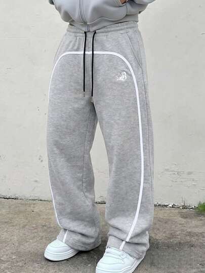Pantalon de survêtement Fractyr pour hommes gris clair à taille élastique et cordon de serrage, ligne de contraste blanche, jambe large et ample, style streetwear décontracté, pantalon long hip-hop ample, doux et respirant