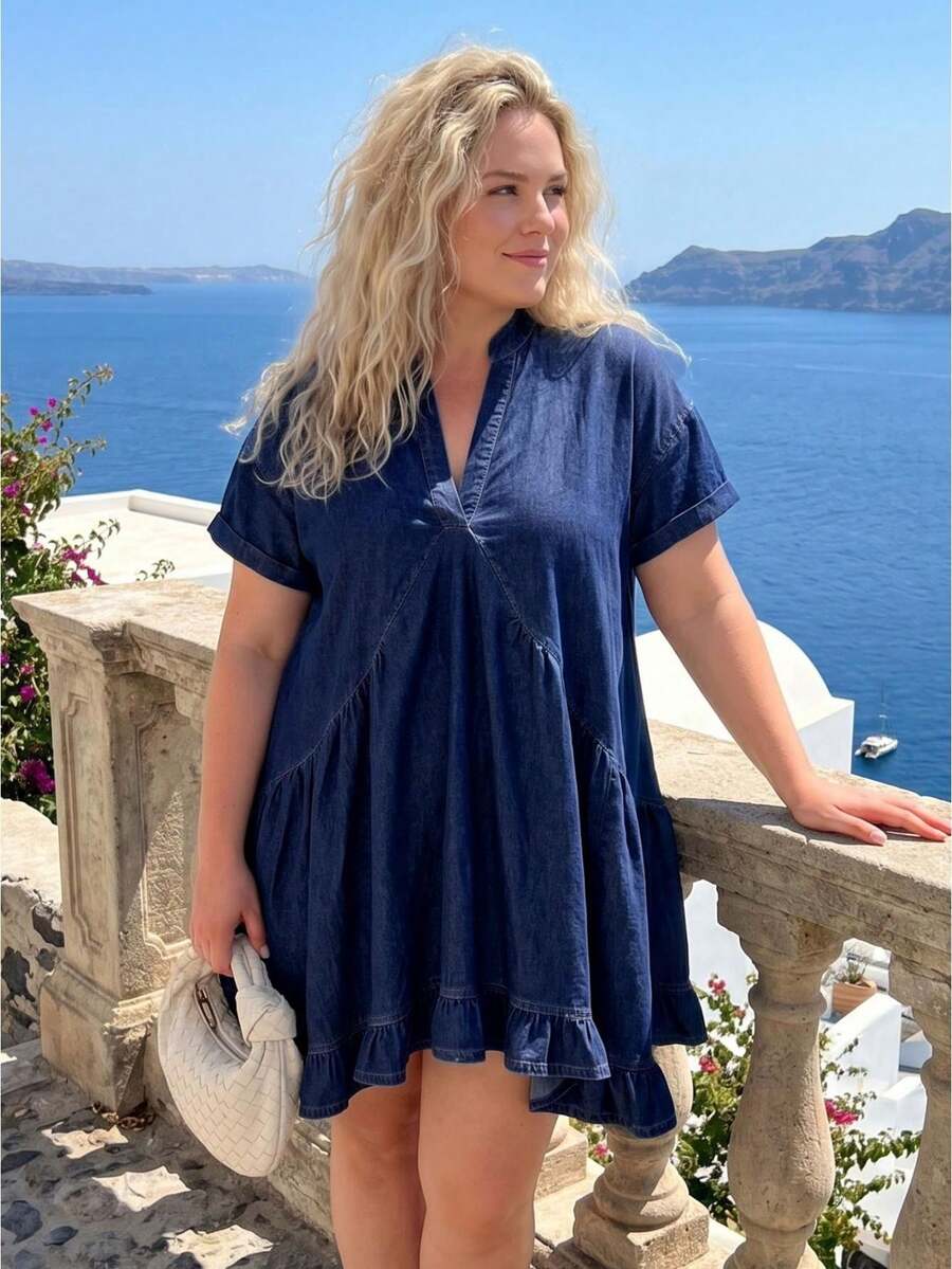 Women's Plus Size Denim Dresses Fashion Short Sleeve V Neck Solid Color A Line Summer Swing Dress - Azul - Ver 1