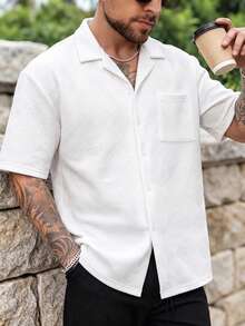Men's Summer Fashion Classic Jacquard Loose Fit Short Sleeve Shirt, Suitable For Business Commute And Casual Wear - White - View 3