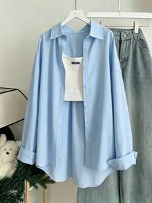 Camisa casual de mujer con aplicación de unicolor - Azul - Ver 3