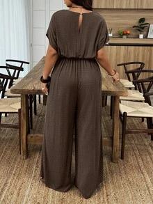 Chic Urbano.Mono Largo de Verano con Manga Murciélago, Cuello en V y Torsión, Estilo Casual de Vacaciones, Holgado, Talla Grande, Ropa de Calle Diaria, Mono de Pierna Ancha - Café integral - Ver 6