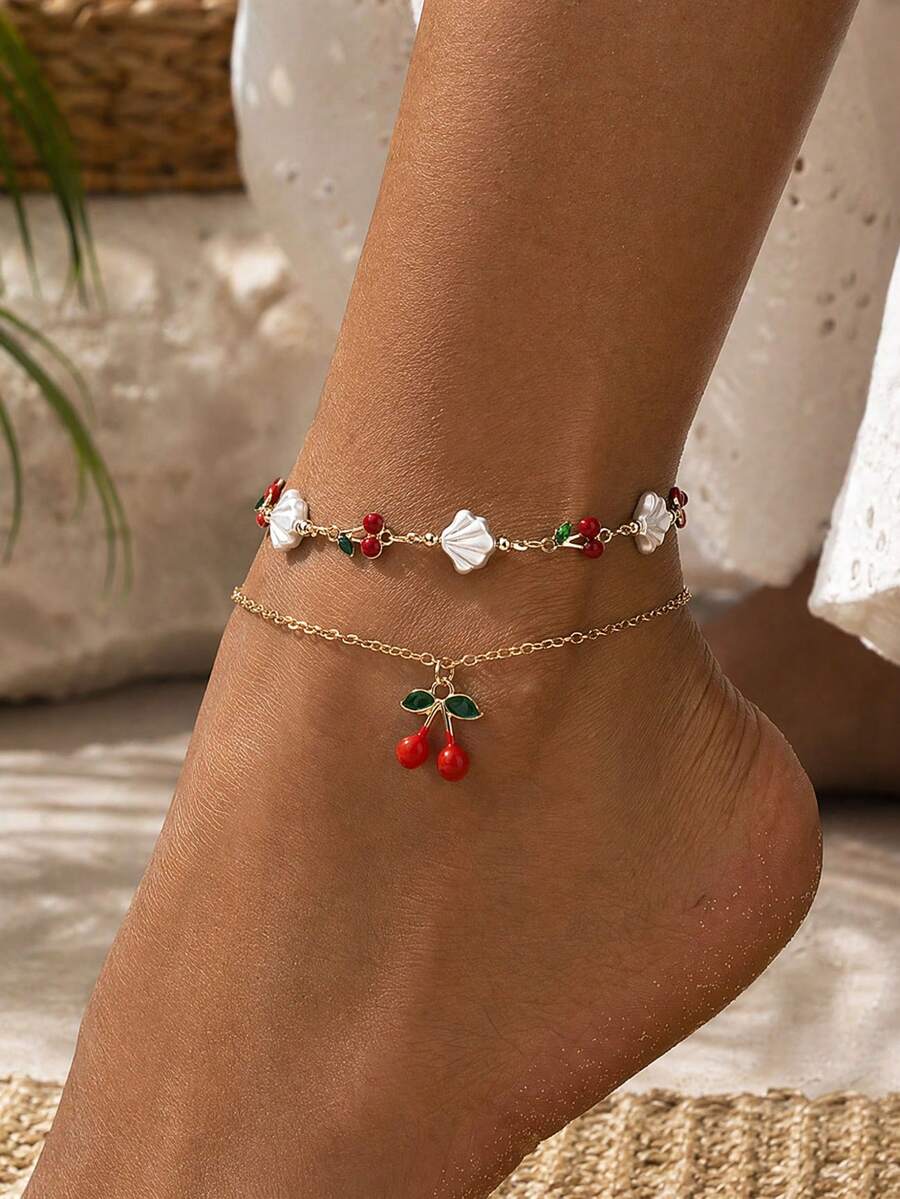 2件/組奢華甜美風腳鍊,時尚櫻桃吊墜人造珍珠貝殼裝飾金色女款足飾,適合日常穿著、夏季度假、約會、派對、音樂節 - 彩色 - 查看 1