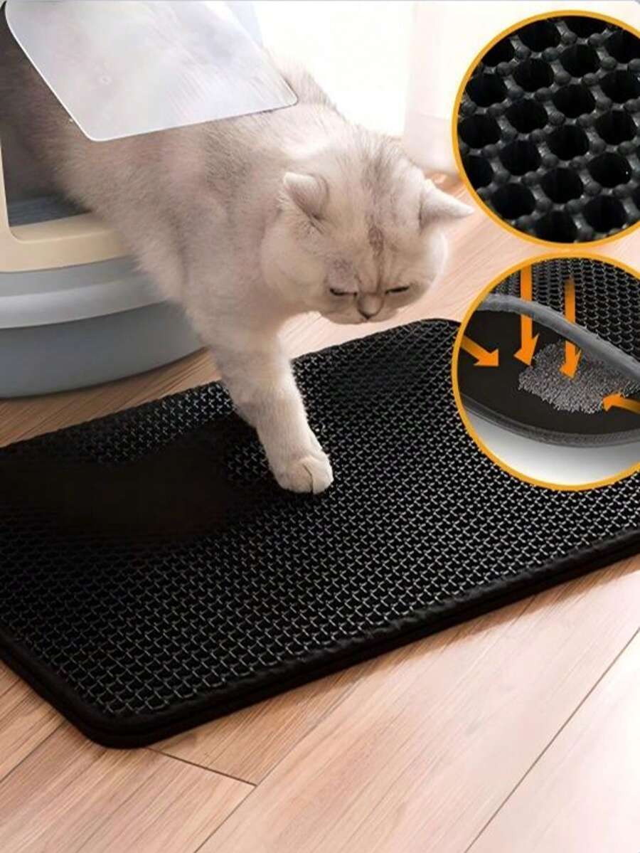 1pc Universal Multi-Color Optional Double-Layer Honeycomb Mesh EVA Material Anti-Crush Anti-Splash Waterproof Anti-Slip Simple Double-Layer Filtration Leak-Proof Cat Litter Mat, Pet Essential, Cat & Dog Daily Cleaning Mat - Black - View 1