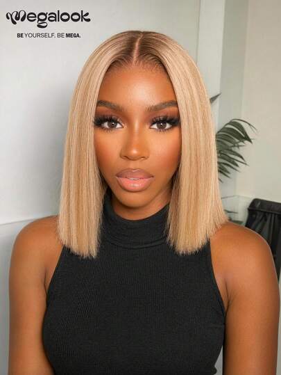 MEGALOOK #613 Tóc giả Bob thẳng mượt ombre highlight vàng, tóc giả closure ren 6x5, 100% tóc thật, dễ đội, nhổ sẵn, nút thắt tàng hình, không dùng keo, tóc giả Bob ngắn tóc thật, ren trong suốt, mũ thoáng khí