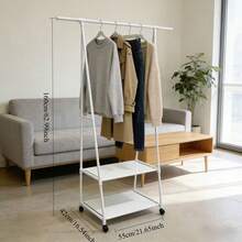 Yi Youyuan Bedroom A-Frame Floor Clothing Rack With Wheels, Movable, Double-Layer Storage + Side Hanging Accessories, Hollow Hanging Rod Storage Rack - White - View 6