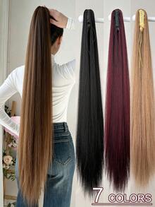 HEYPINK 38-Inch Extra Long Straight Synthetic Hair Ponytail Extension, Ombre Brown To Burgundy Black, Claw Clip Ponytail Hair Accessory Suitable For Women Party And Daily Use - Dark Brown - View 2