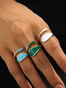 3pcs Summer Fresh Blue Green White Color Block Oil Drop Open Asymmetrical Double Water Drop Design Rings, Seaside Vacation Casual Outfit Niche Accessory - Multicolor - View 8