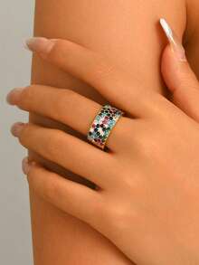 1pc European & American Fashion Style Wide Band Full Pave Colorful Galaxy Rhinestone Ring, Suitable For Women's Daily Street Party Banquet Wear, Couple Ring, Birthday Valentine's Day Holiday Gift - Multicolor - View 3